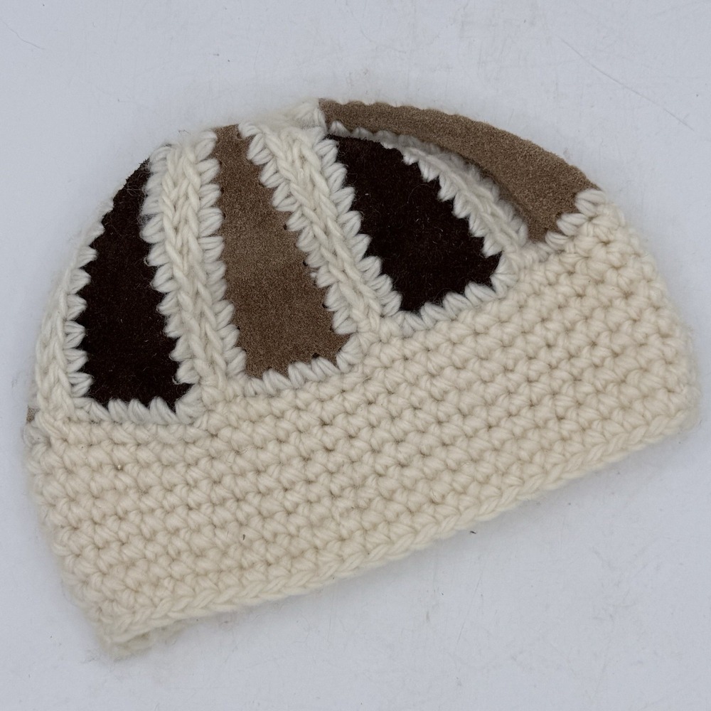 Knit Suede Beanie Hat Japan handmade  Chunky Crochet‎ Boho Winter Cream